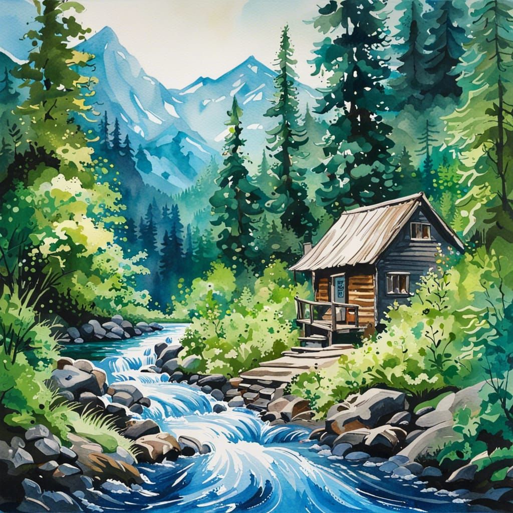 Shishkin Style Watercolor Landscape with Cabin