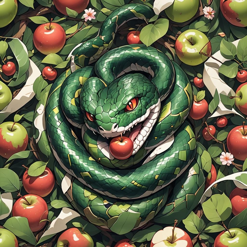 Cute Snake with Apple in Anime Style