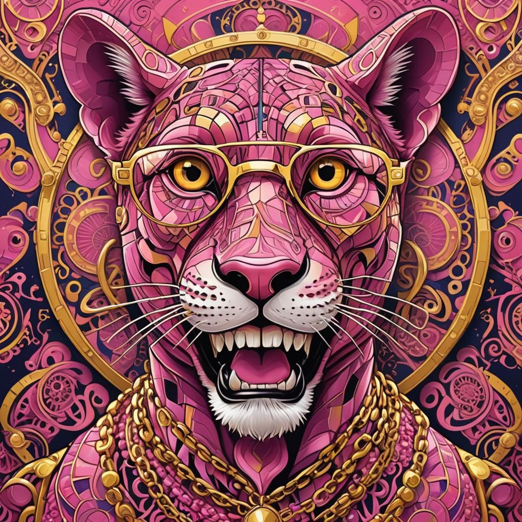Vibrant Cartoon Pink Panther Portrait in Escher-Inspired Fra...