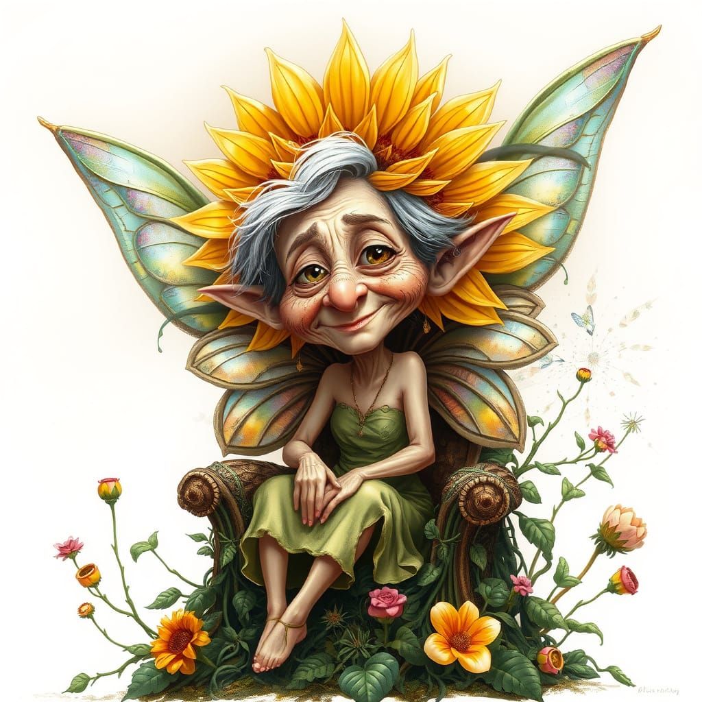 Whimsical Fae Fairy with Iridescent Wings and Sunflower Head