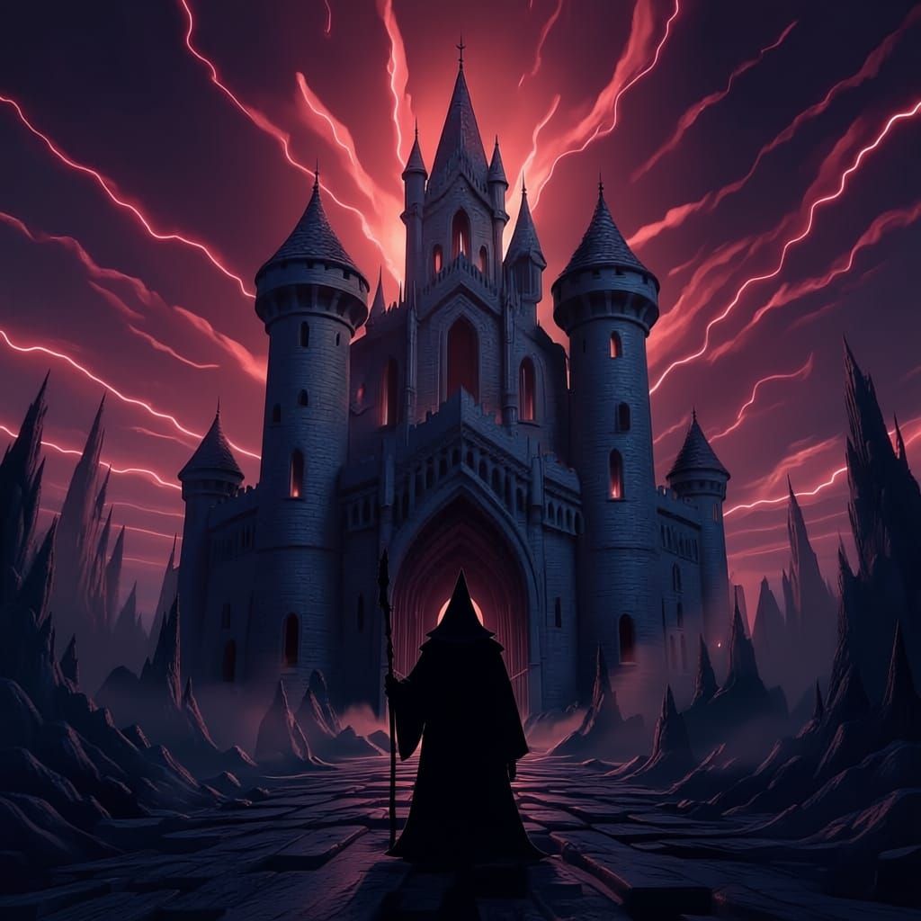 Ruined Castle Under Red Sky with Lightning