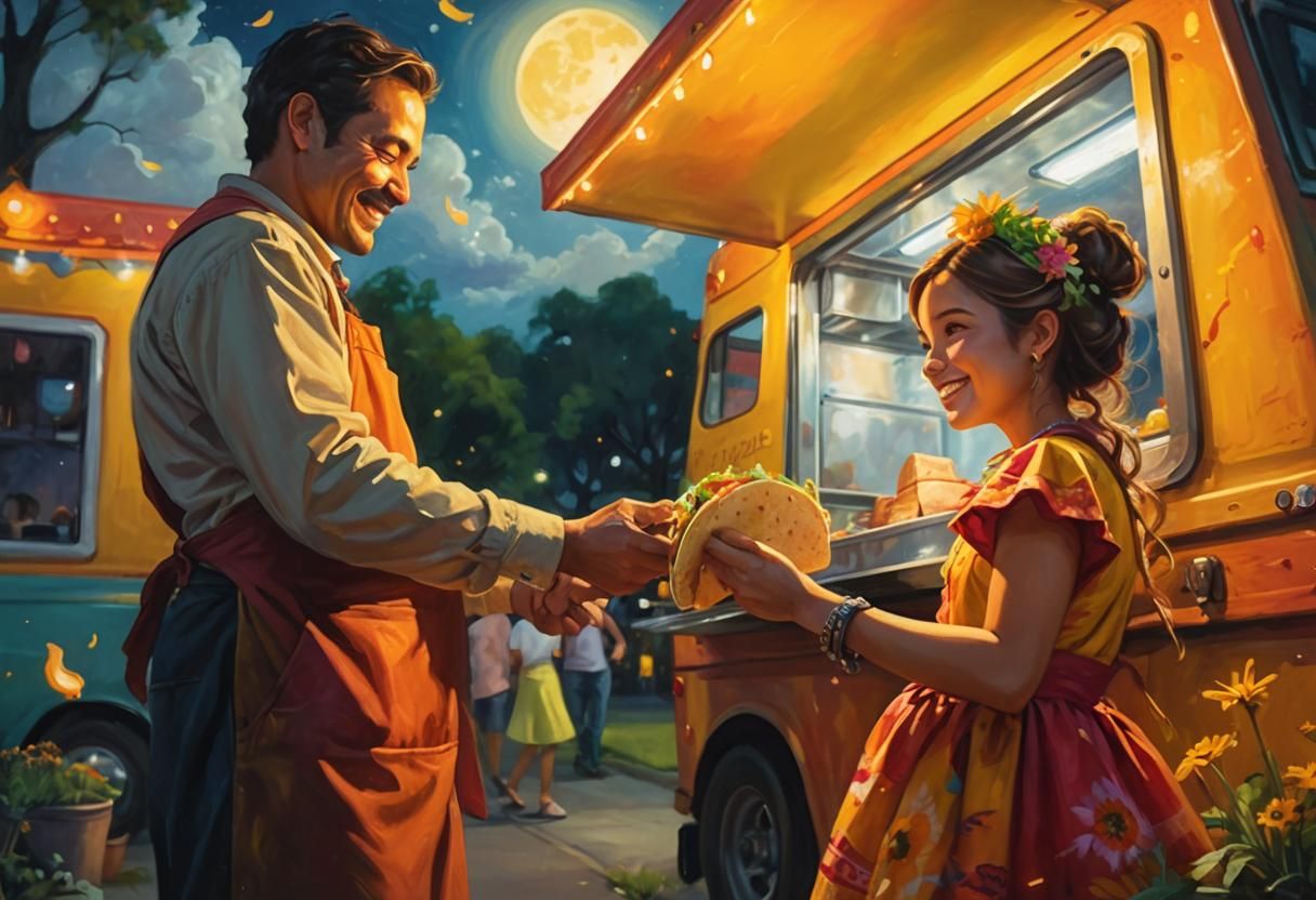 Taco Seller and Ghost Girl: Vibrant Oil Painting