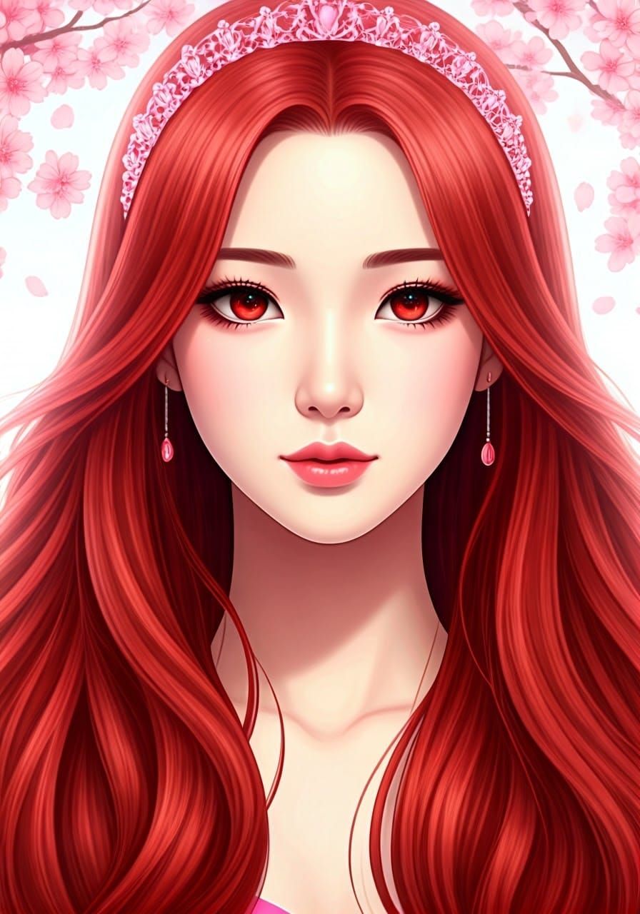 Korean Woman with Red Hair in Pixiv Anime Style