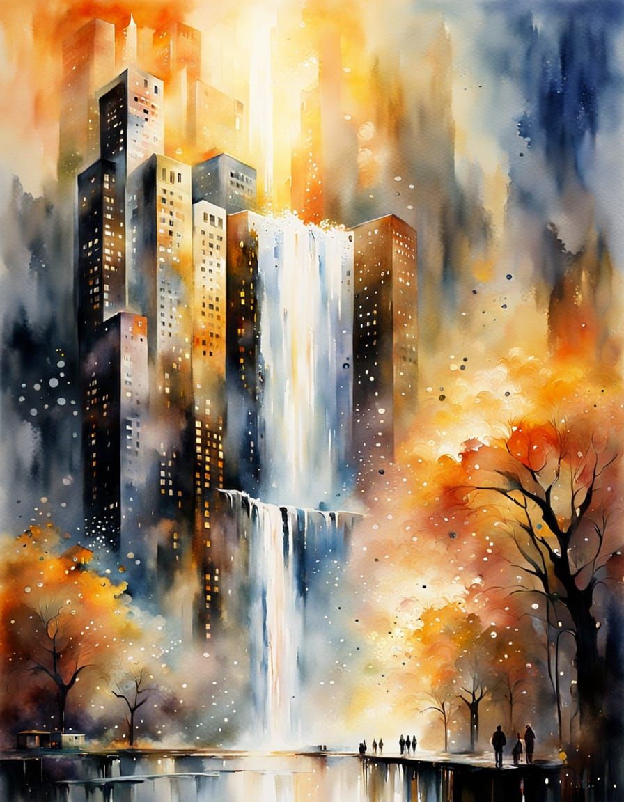 Waterfall Cascading Down Skyscraper in Watercolor Style