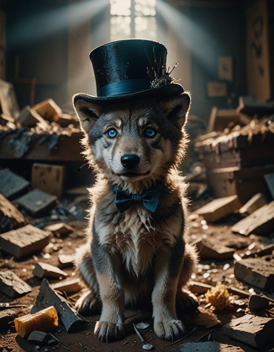 Cinematic Gray Wolf Pup in Moody Wedding Ruins