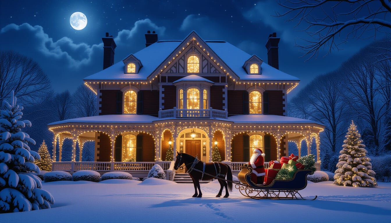 Victorian Mansion at Night with Santa and Snow