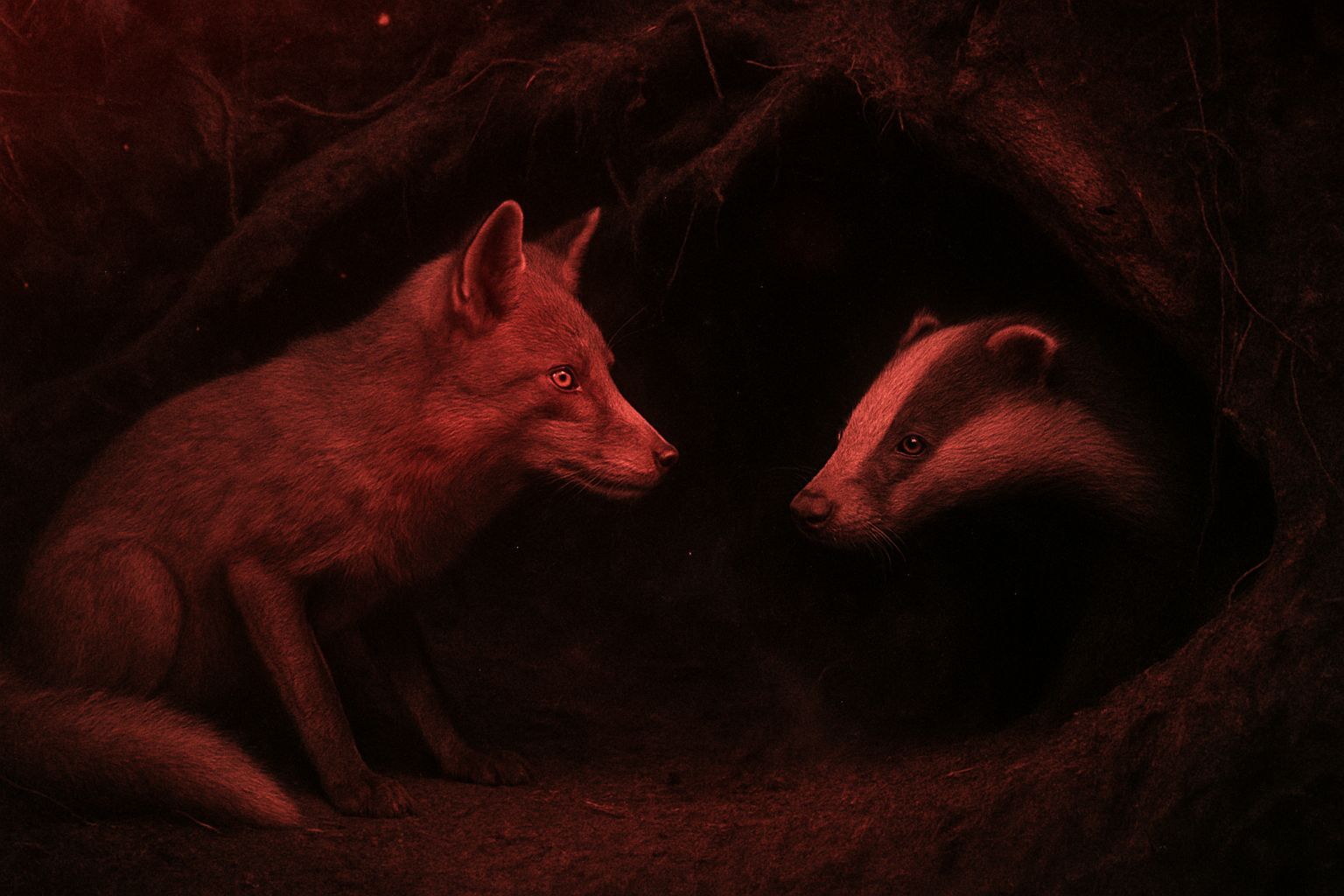 Infrared Fox and Badger at Dusk Forest Burrow