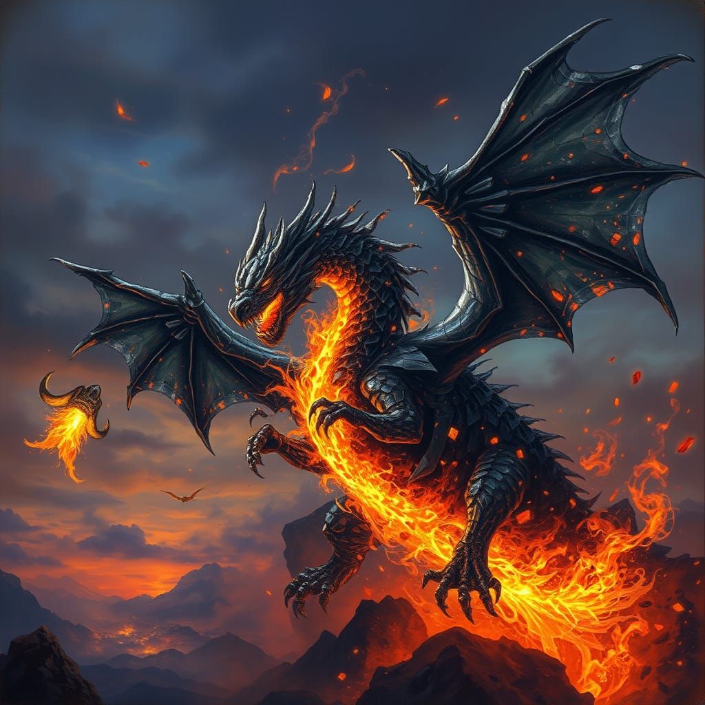 Obsidian Shard Dragon Soaring in Fiery Sky