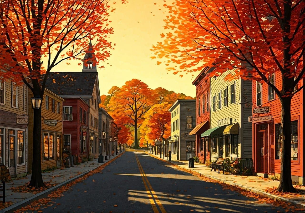 Vermont Autumn Town in Kaleidoscopic Digital Collage