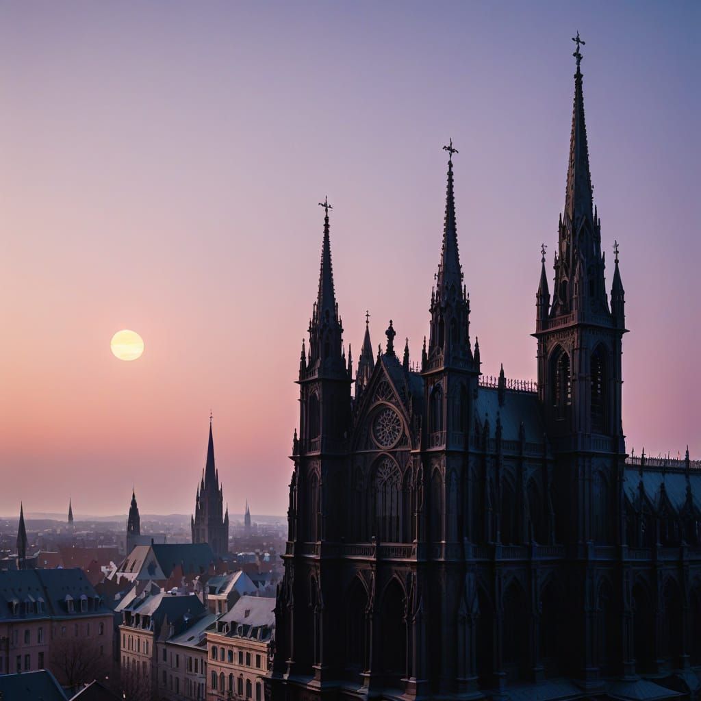 Gothic Cathedral in Vibrant Sunrise Glow