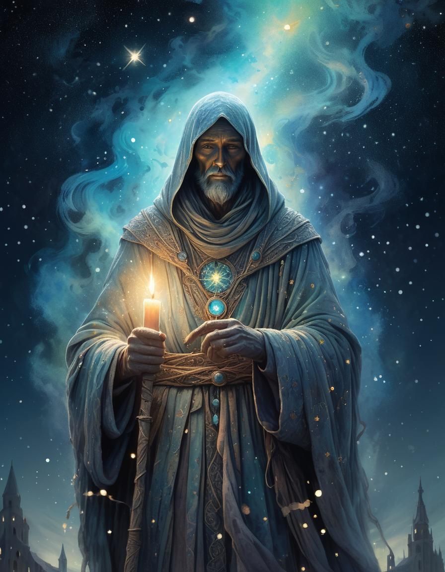 Mystical Figure Among Stars in Watercolor Style