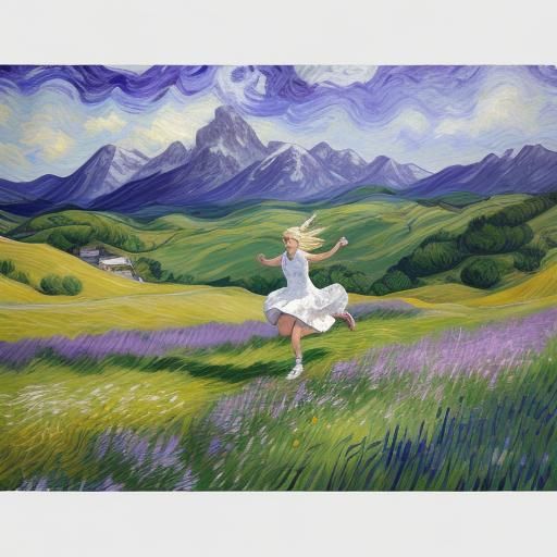 Girl in Floral Dress Running Through Alpine Meadow