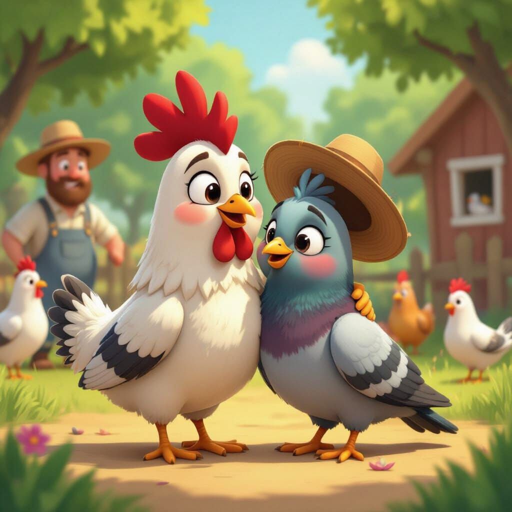 Cheerful Chicken Hugs Happy Pigeon in Vibrant Farmyard