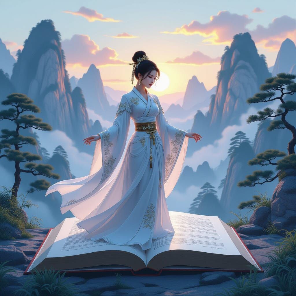 Ethereal Woman Emerges from Book in Gongbi Style