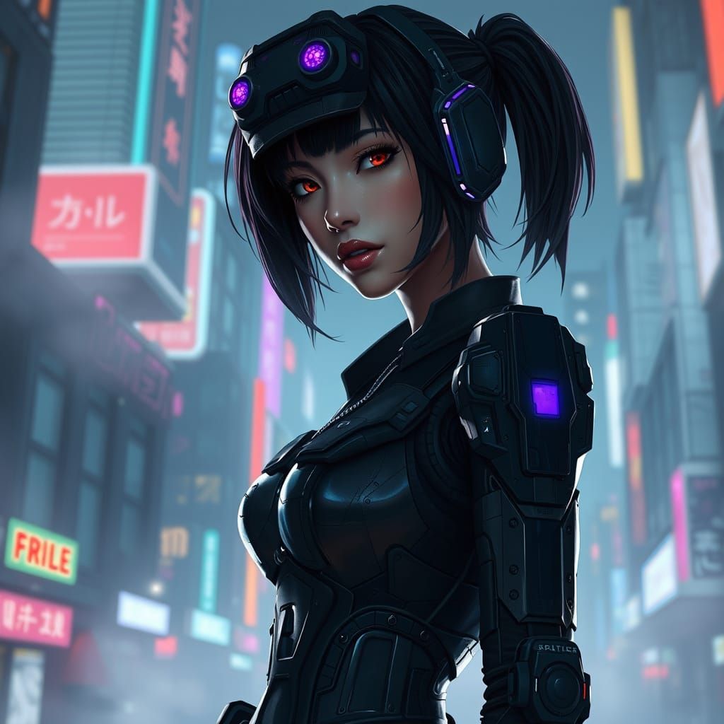 Cyborg Policewoman in Dark Cyberpunk Cityscape