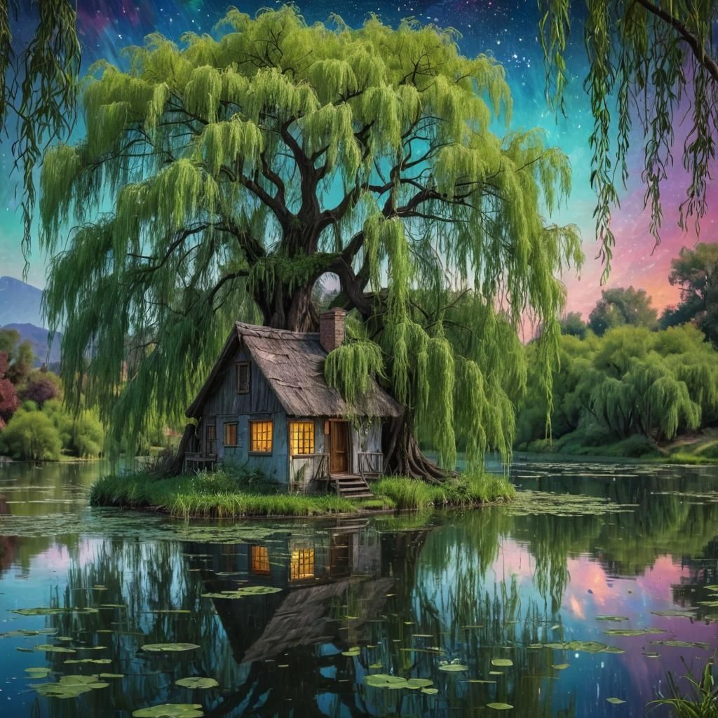 Cottage on Lake with Weeping Willow: Cosmic Oil Painting
