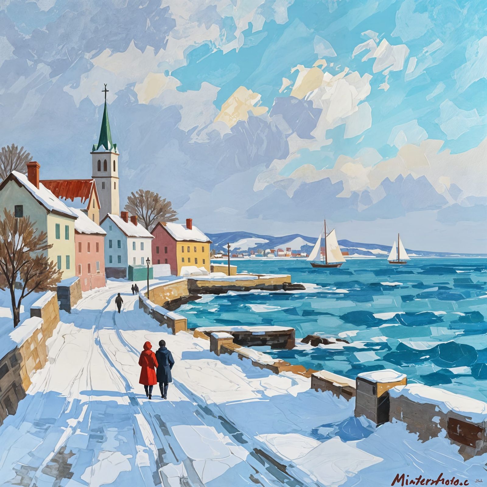 Winter Seaside Scenery in Impressionist Gouache Style