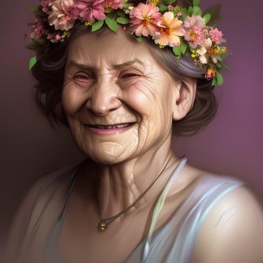 Happy Old Woman with Flower Crown Portrait