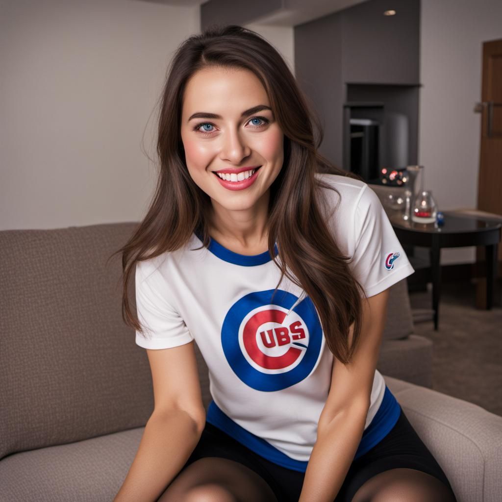 Woman in Cubs Shirt Talking to Viewer