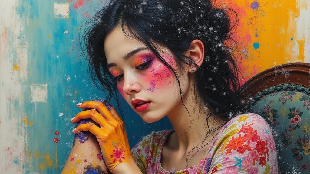 Manhwa Portrait: Surreal Patchwork Fabric Woman