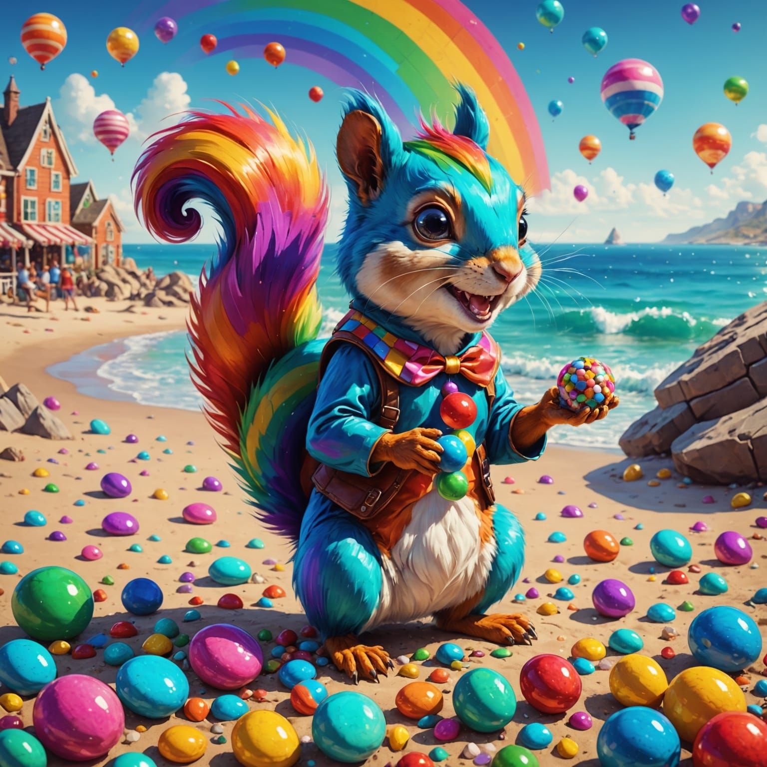 Whimsical Jester Squirrel Juggles on Beachy Candyland