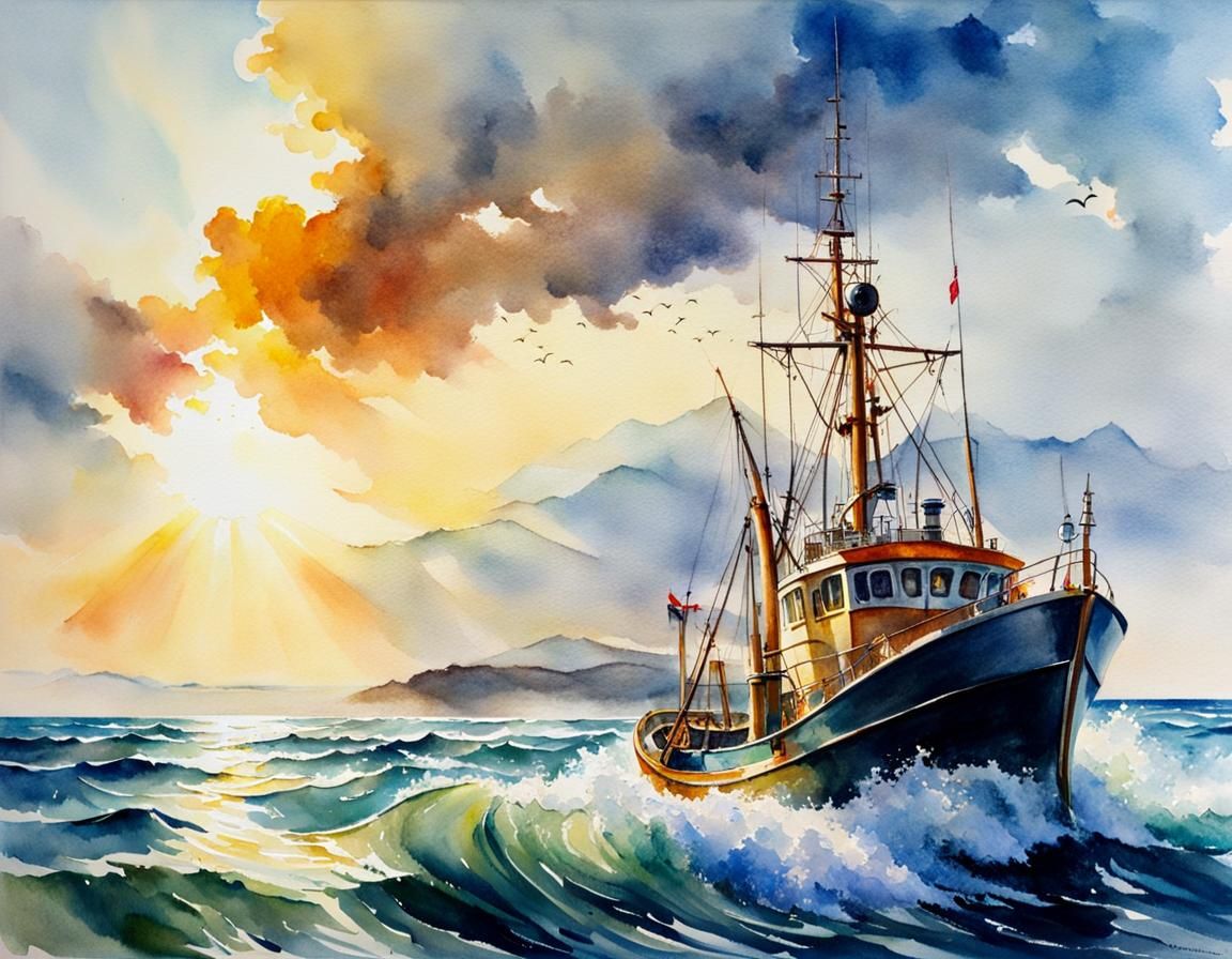 Fishing Trawler on Open Ocean: Watercolor Masterpiece