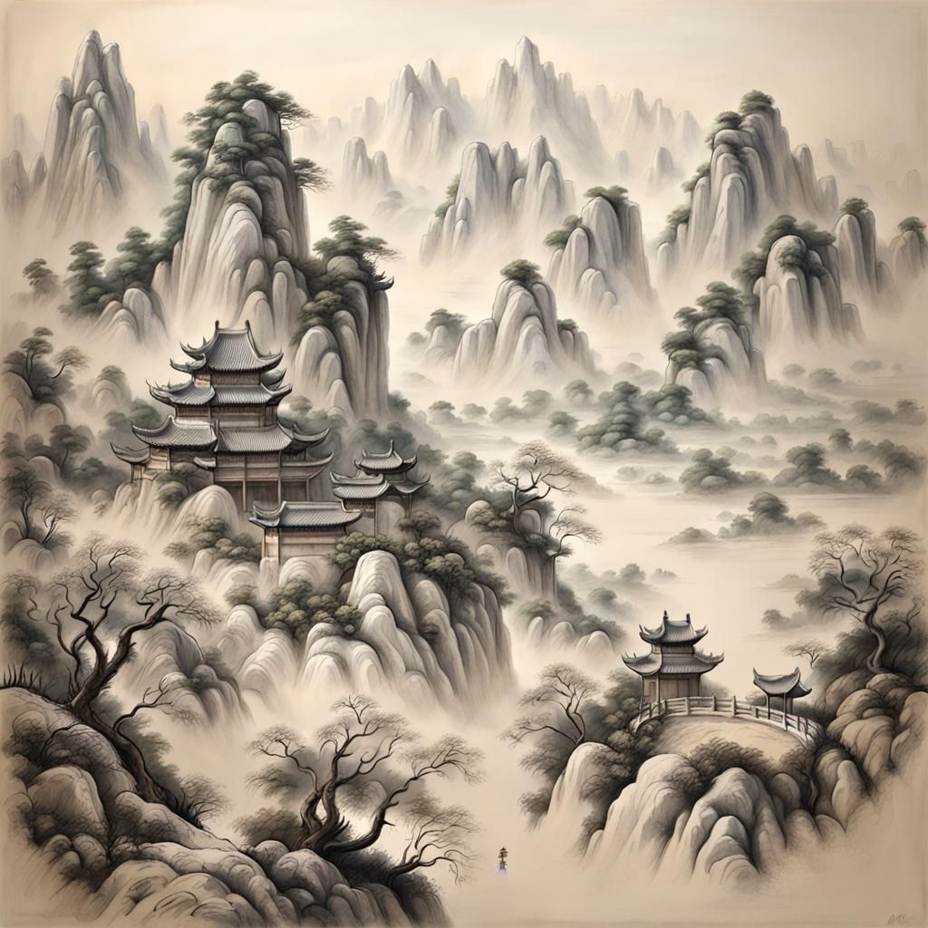 Detailed White Chalk Chinese Landscape Art