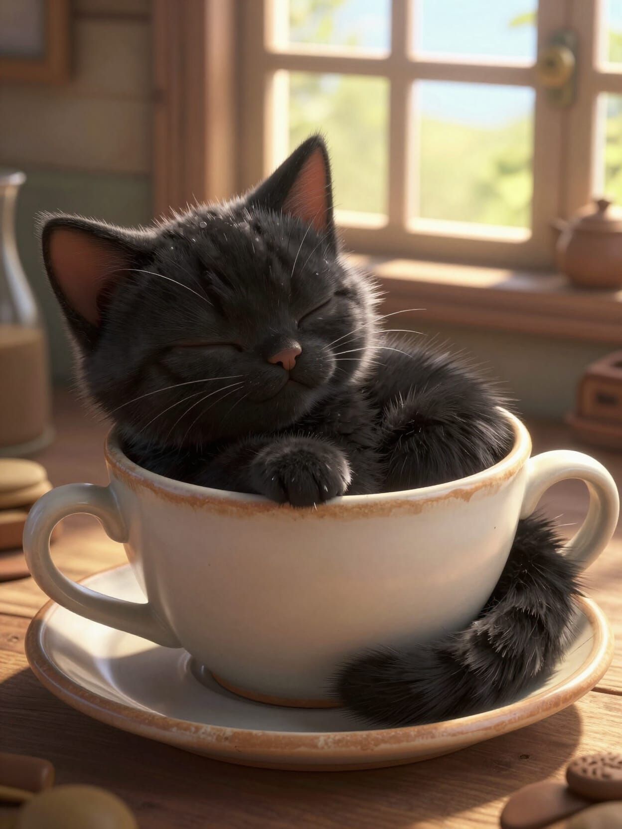 Black Kitten Sleeping in Cozy Cottage 3D Anime Art