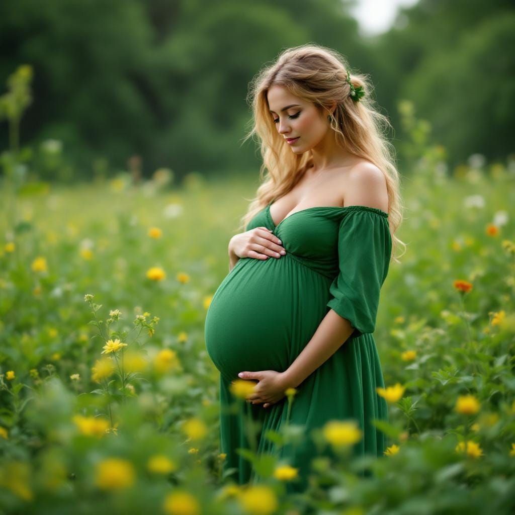 Pregnant Irish Woman in Emerald Field: Dreamlike Fantasy