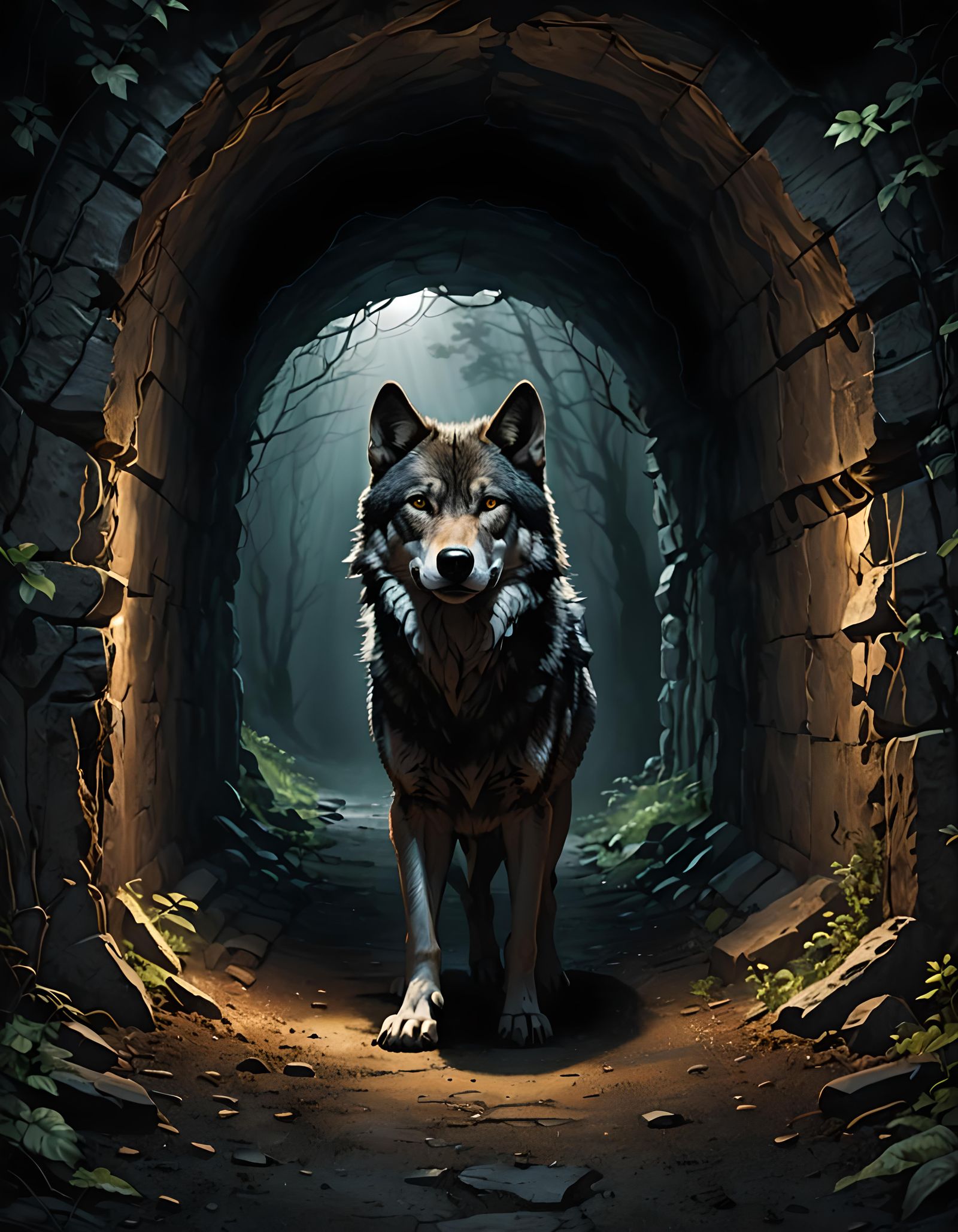 Wolf Gazing at Light from Dark Tunnel