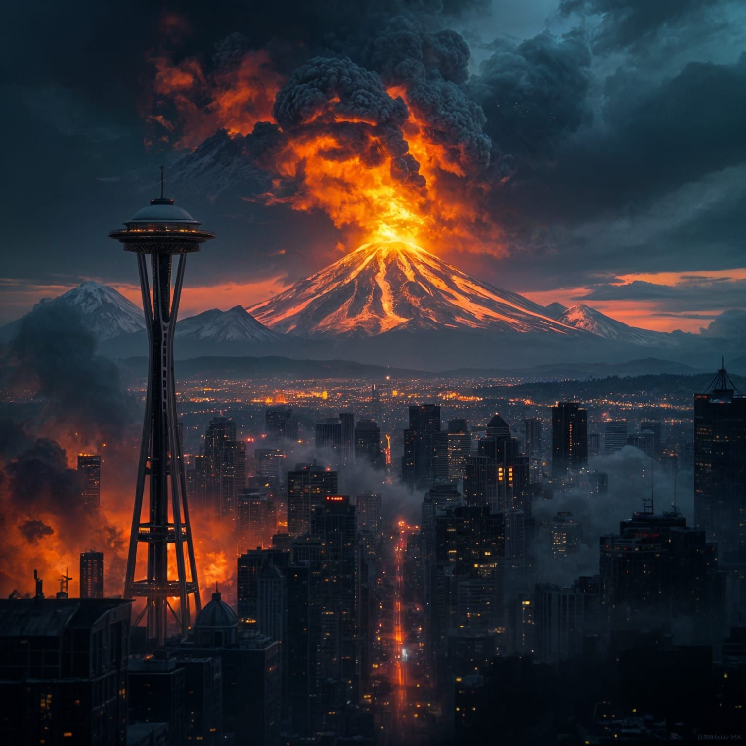 Mount Rainier Erupts in Fiery Splendor, a Haunting Panorama