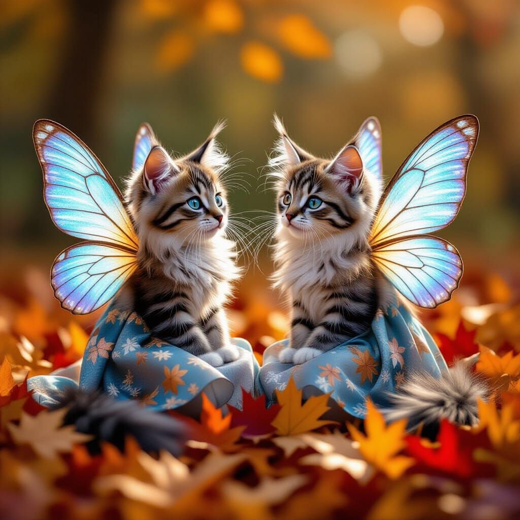 Cat Fairies Fluttering in Autumn Leaves