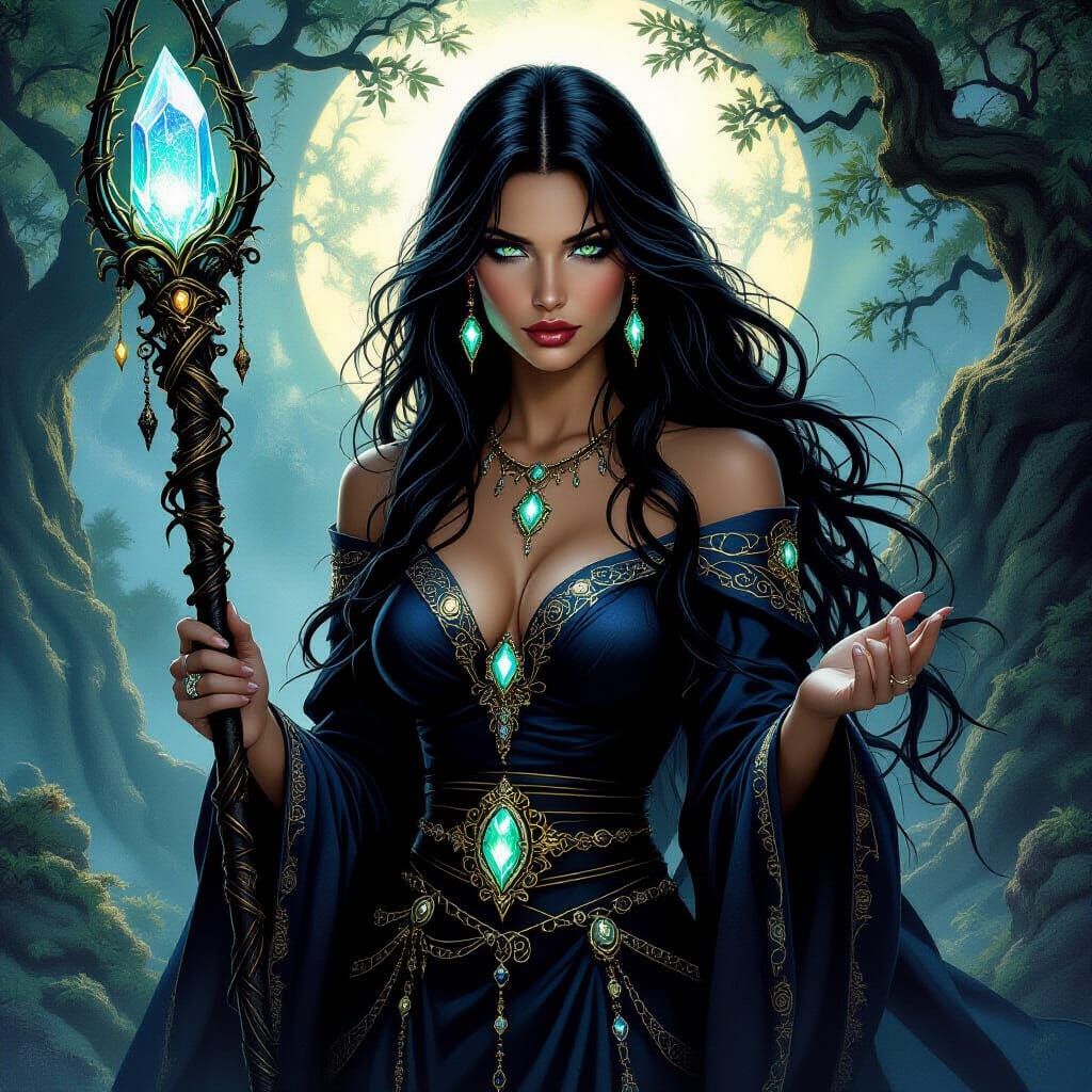 Enigmatic Sorceress in Crystal Grove: Dark Fantasy Art