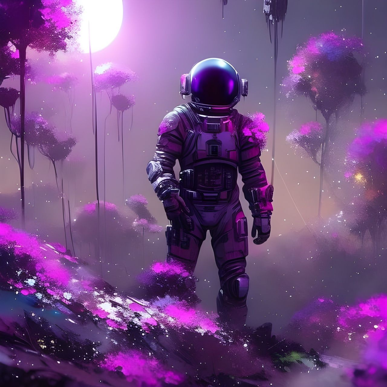 Astronaut on Alien Planet with Purple Flowers