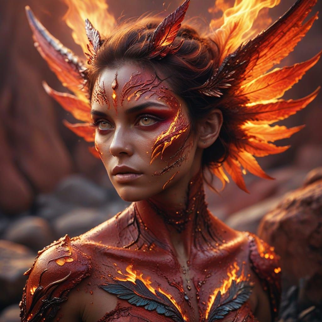 Fiery Surreal Landscape with Strange Creature, Oil Painting