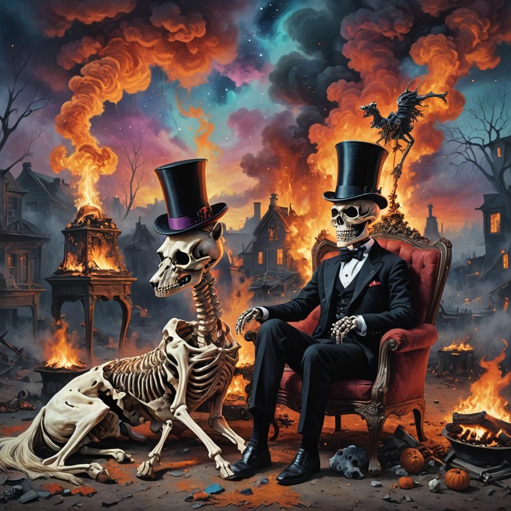 Skeleton in Top Hat Around a Campfire