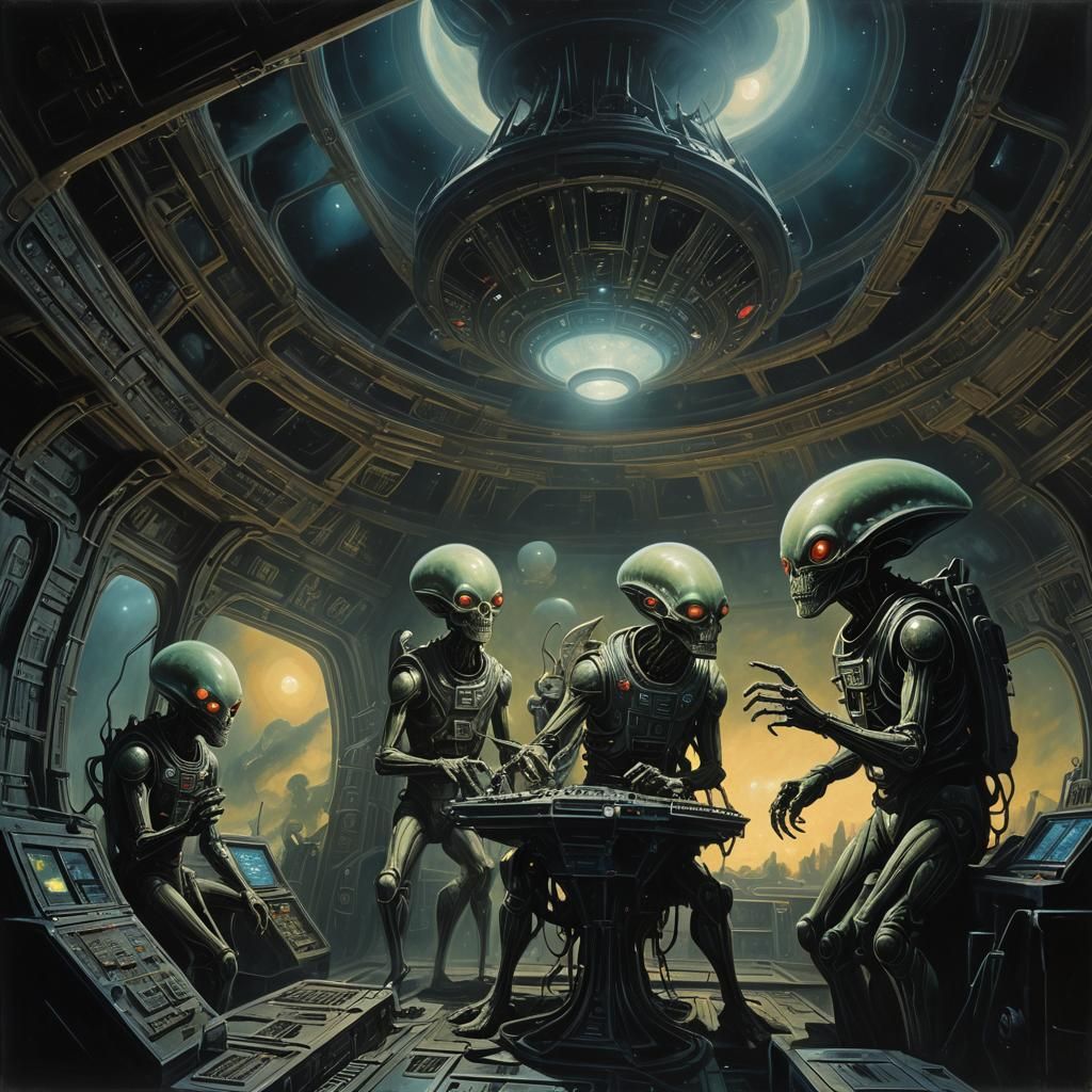 Eerie Aliens Operate Spaceship: Surrealist Horror Oil Painti...