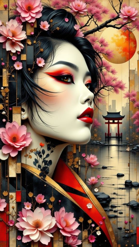 Geisha in Sakura Garden with Koi Carp