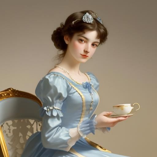 Elegant Princess Sipping Tea, Classical Portrait
