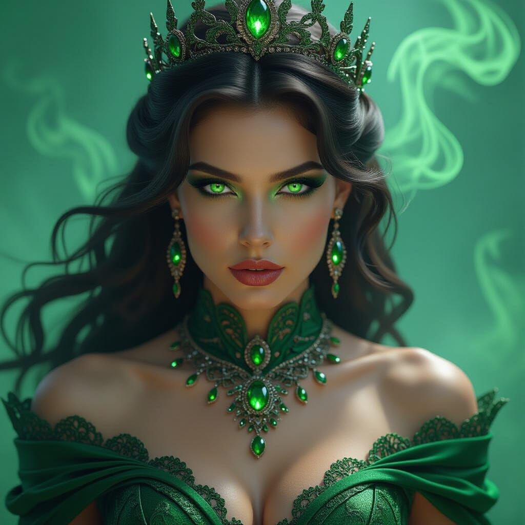 Dangerous Queen in Emerald Gown with Glowing Eyes