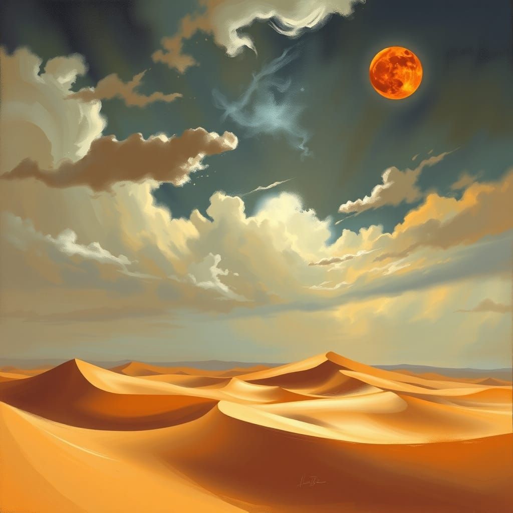 Sahara Desert Under Blood Moon: Atmospheric Oil Painting