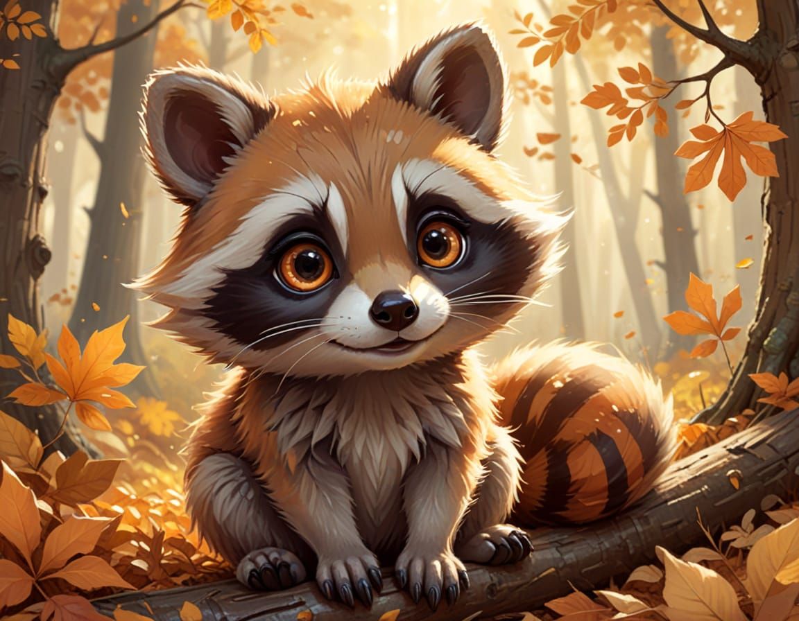 Adorable Chibi Raccoon in Sun-Dappled Autumn Forest