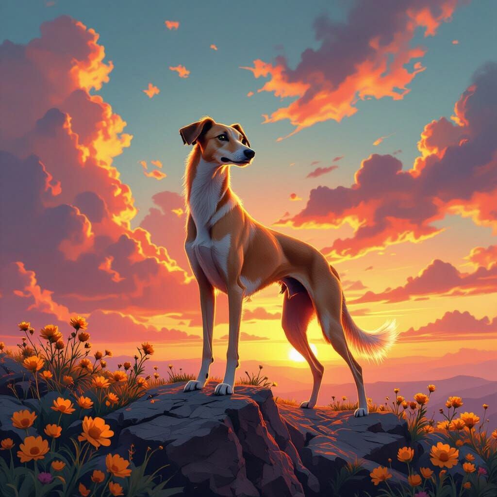 Saluki Dog on Cliff at Sunset in Fantasy Style