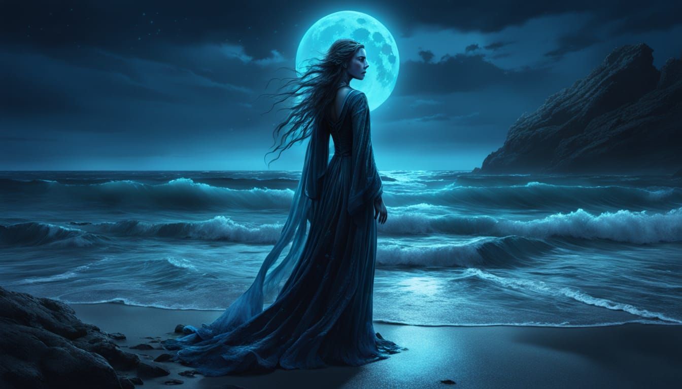 Sea Witch on Moonlit Beach in Magical Realism