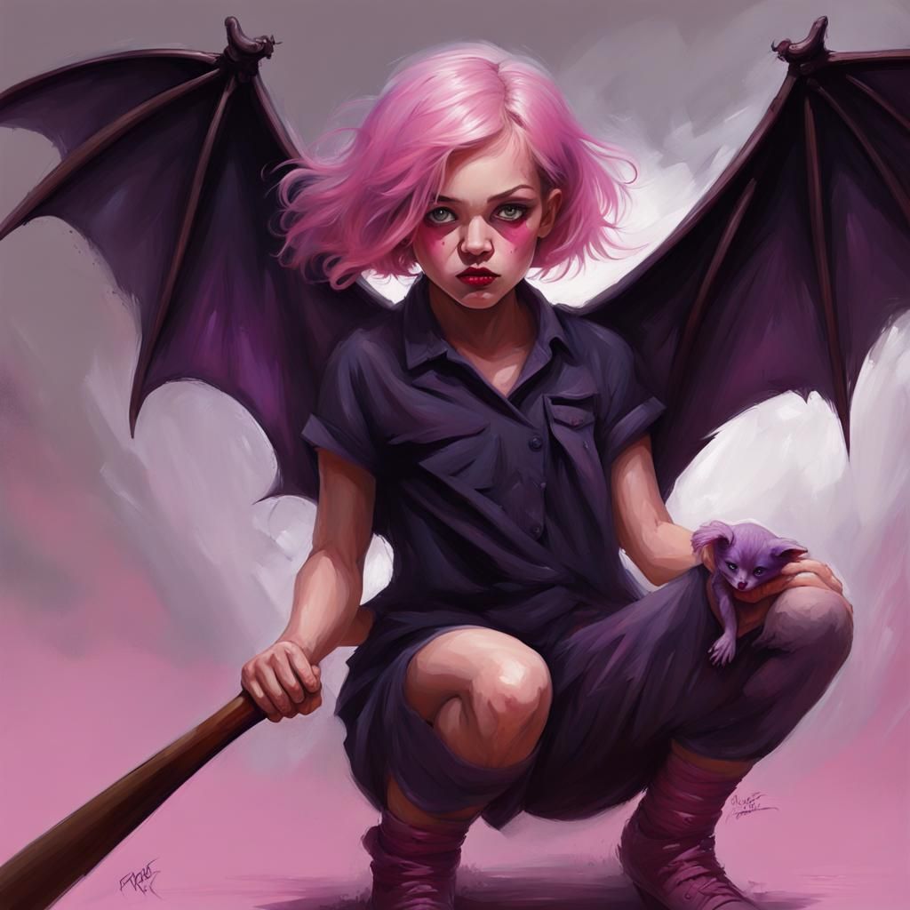 Pink-Haired Girl Playing With Bat: Sinister Fantasy Art