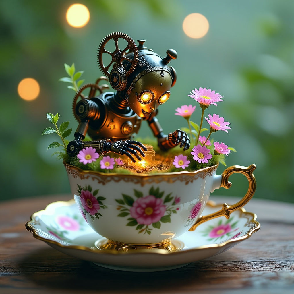 Steampunk Automaton Tends Miniature Ecosystem in Teacup