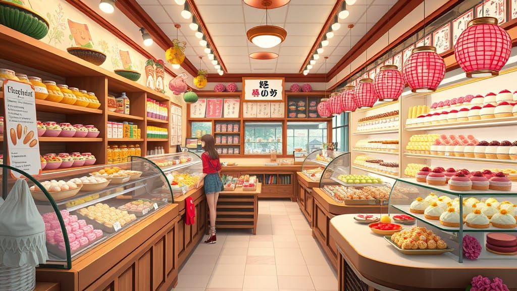Japanese Dessert Shop Scene in Vibrant Studio Ghibli Style