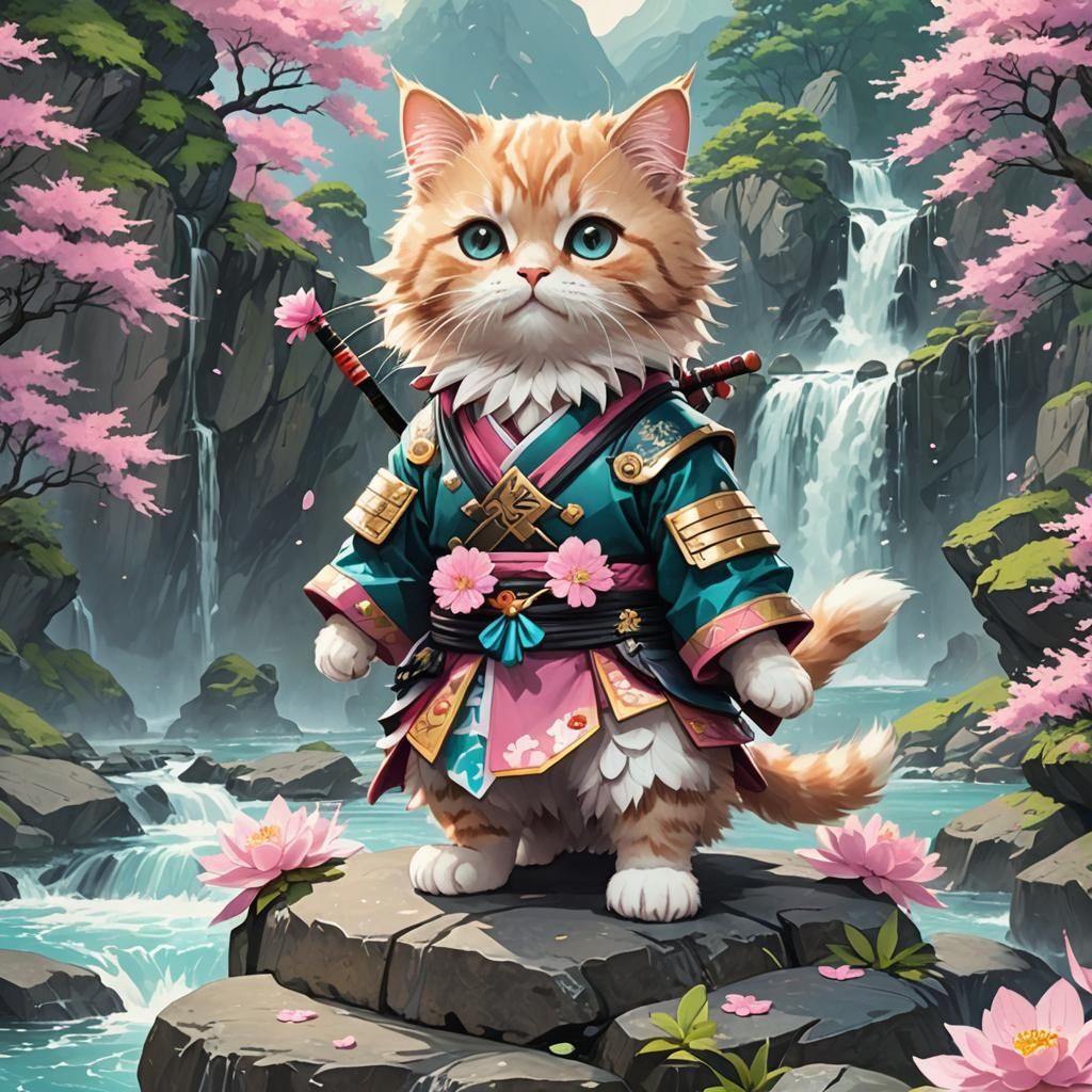 Anime Kitten Samurai in Japanese Landscape