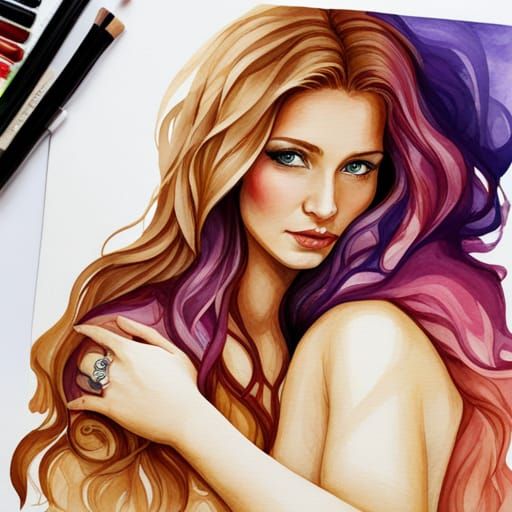 Watercolor Splash Art of Two Women Cuddling