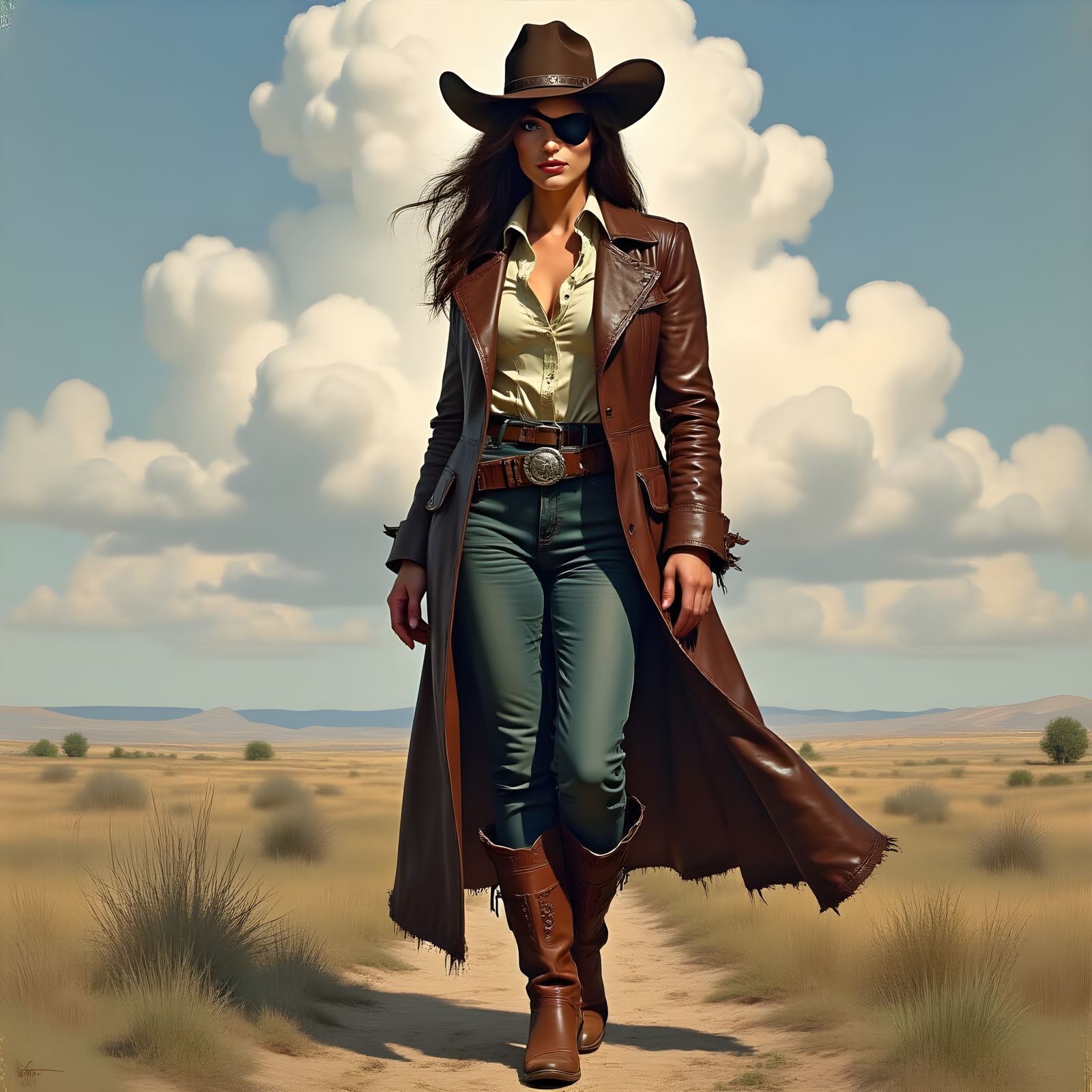 Brunette in Old West Attire with White Hair Streak